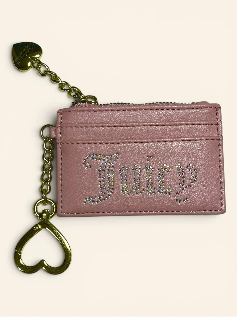 Juicy Couture Blush Pink Crystal Logo Card Holder with Gold Heart Charm